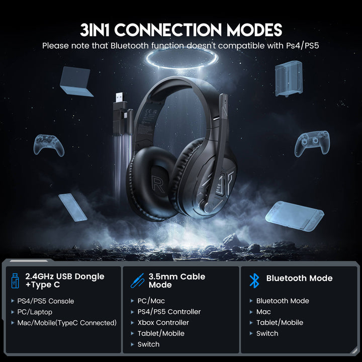 E5bt gaming headset with 3 connection modes